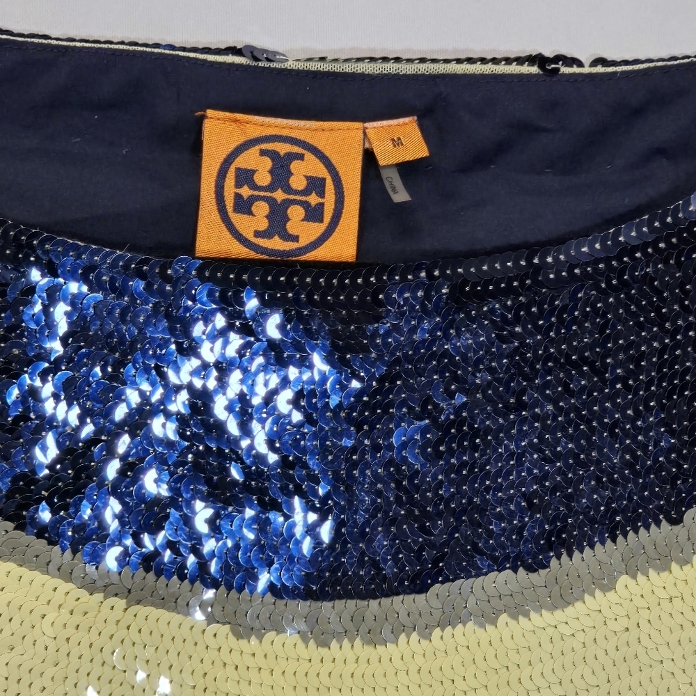 Tory Burch Navy Cream Sequin 3/4 Sleeve Blouse Formal Special Event Top, Sz M - Picture 5 of 11